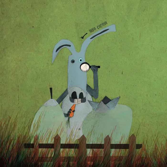 Page 8 — Illustration : Pinpin examine à la loupe des fruits énormes au fond de son jardin.