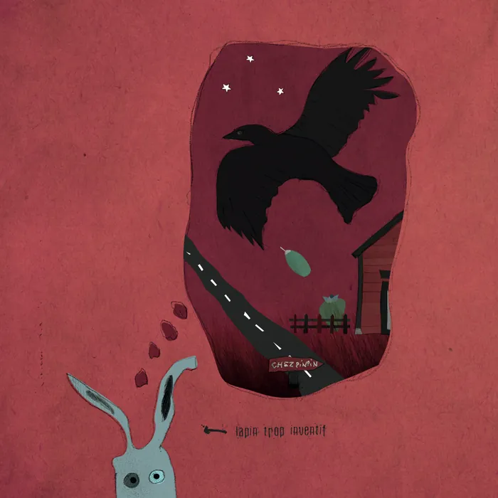 Page 12 — Illustration : Pinpin imagine un grand oiseau noir qui survole la route de nuit.