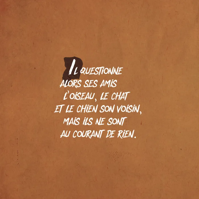 Page 14 — « Il questionne alors ses amis l’oiseau, le chat et le chien son voisin, mais ils ne sont au courant de rien. »