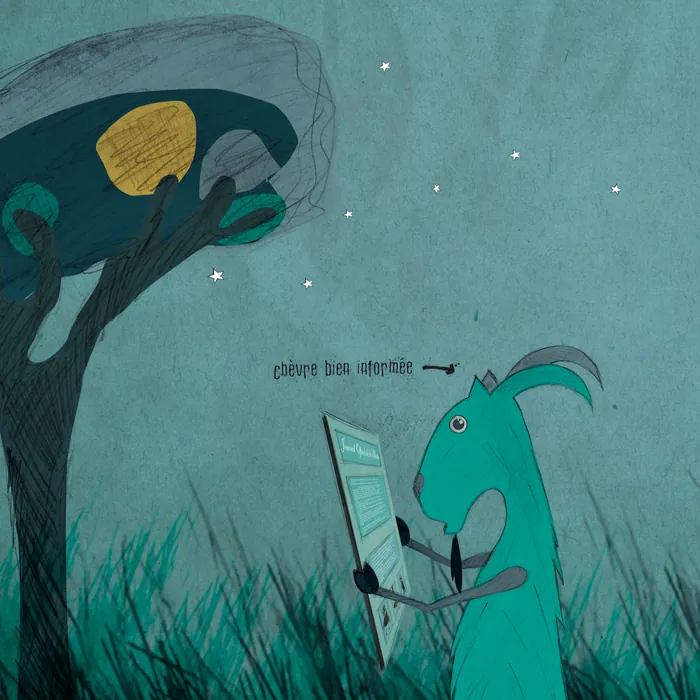 Page 16 — Illustration : sous un arbre étoilé, la chèvre bien informée lit le journal.