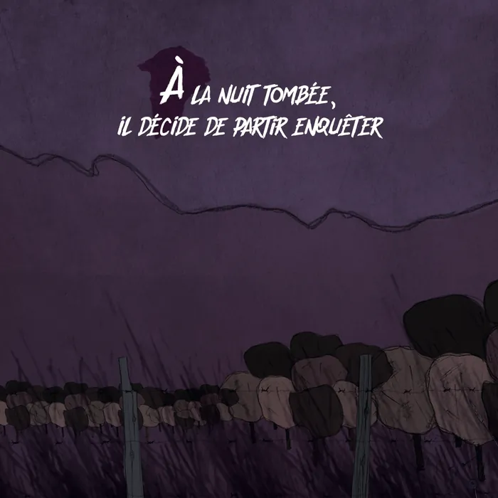 Page 18 — « À la nuit tombée, il décide de partir enquêter » : des buissons sombres derrière une clôture de barbelés.