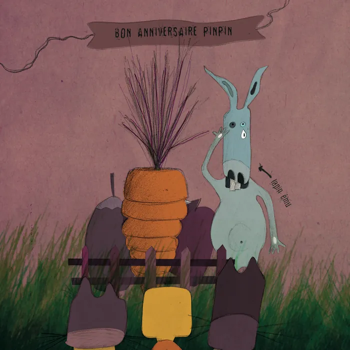 Page 24 — Illustration : « Bon anniversaire Pinpin » : une carotte géante, ses amis autour de lui, et le lapin ému.